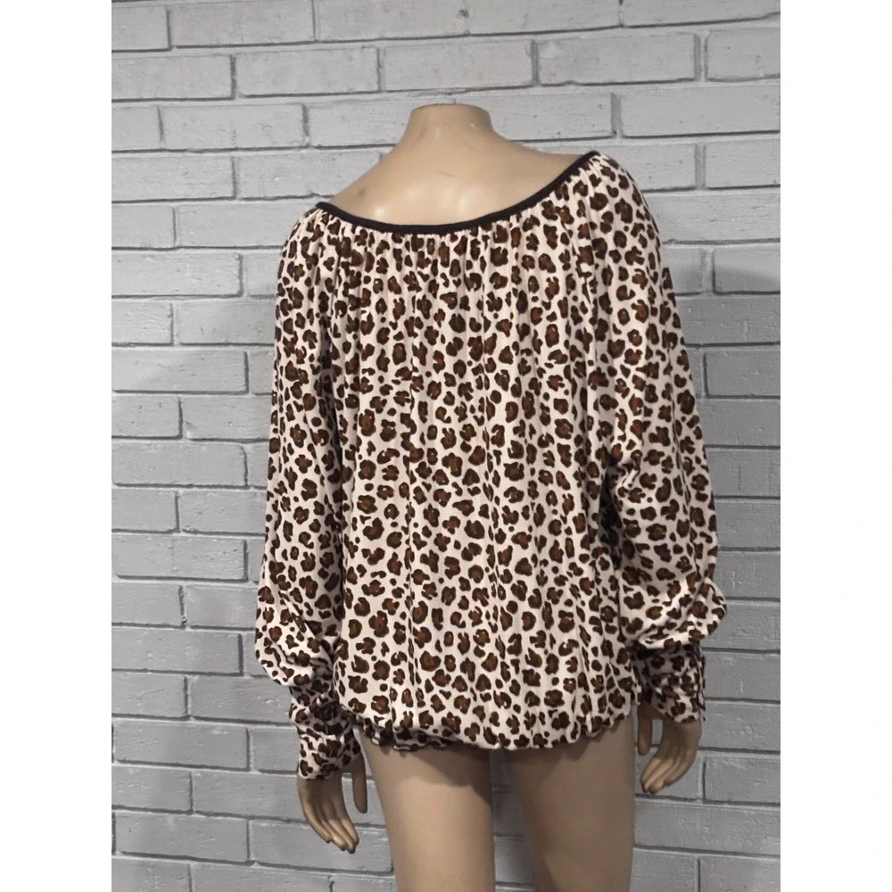 Tory Burch Brown White Leopard Long Sleeve Bubble Hem Blouse Old Money Preppy L